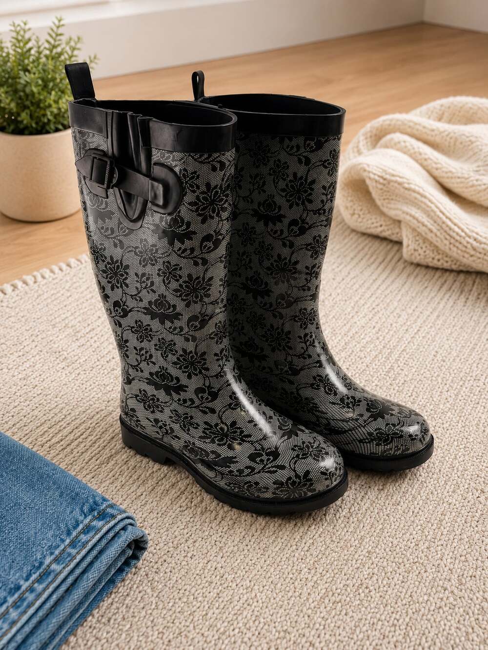 Capelli New York Floral Lace Print Rain Boots Womens Size 8 Waterproof Tall